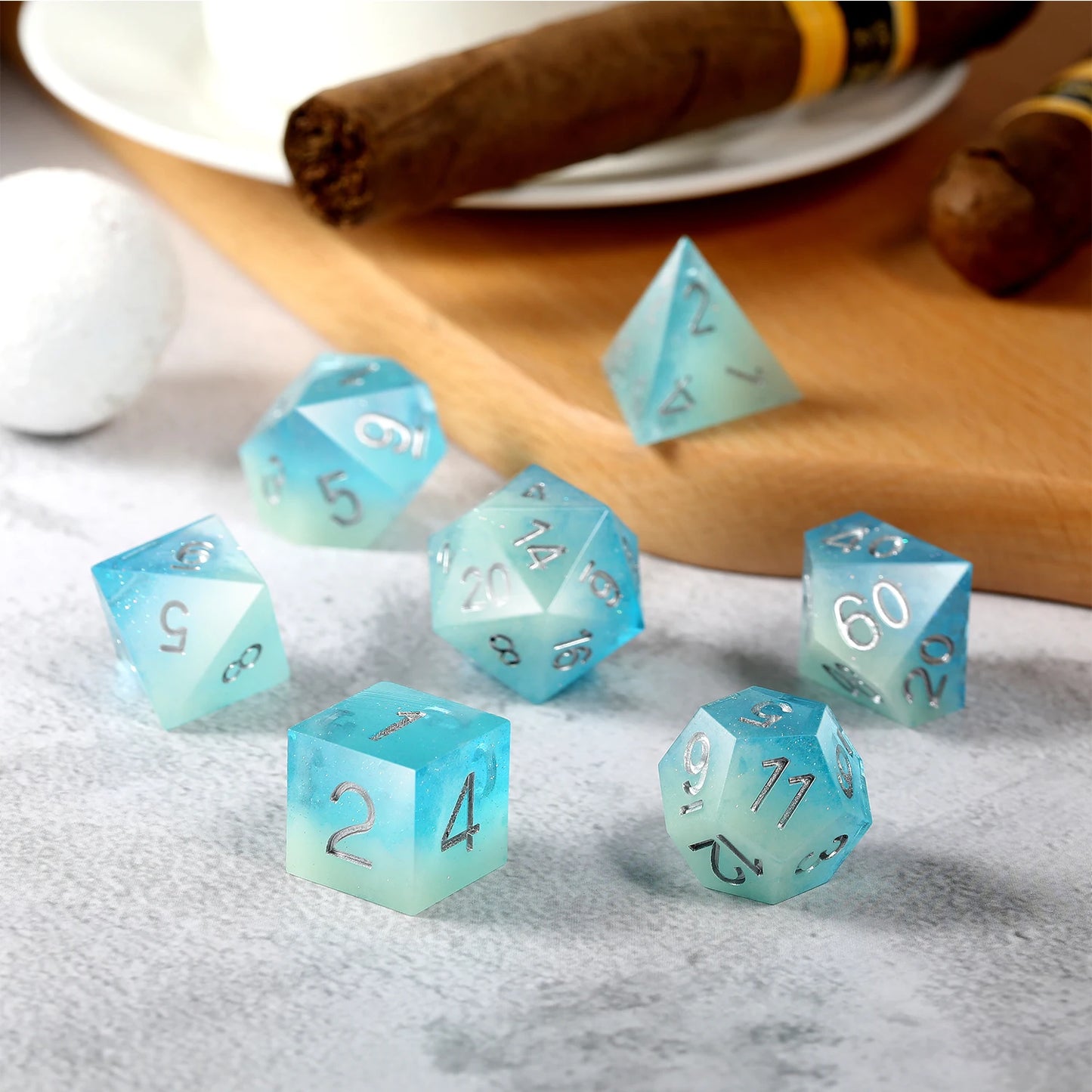 Sharp Edge Dice set - Glow in the Dark Blue