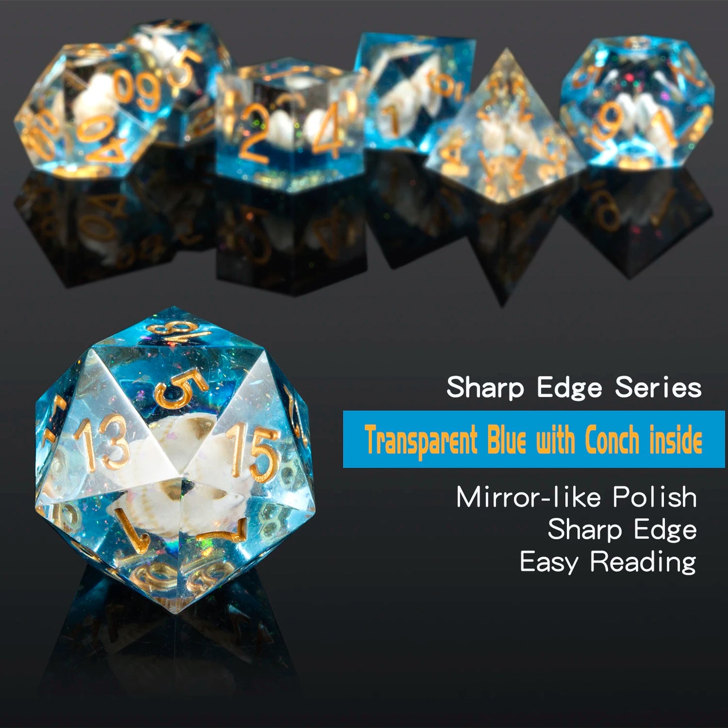 Sharp Edge Dice Set l Transparent and Sea- blue with Conch