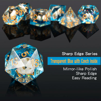 Sharp Edge Dice Set l Transparent and Sea- blue with Conch