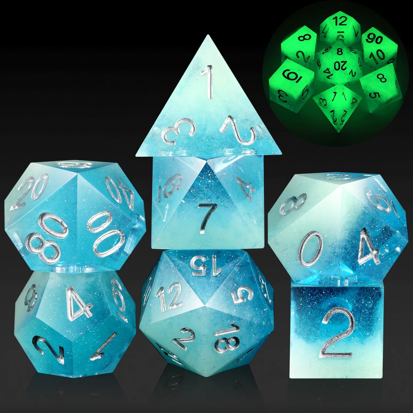 Sharp Edge Dice set - Glow in the Dark Blue