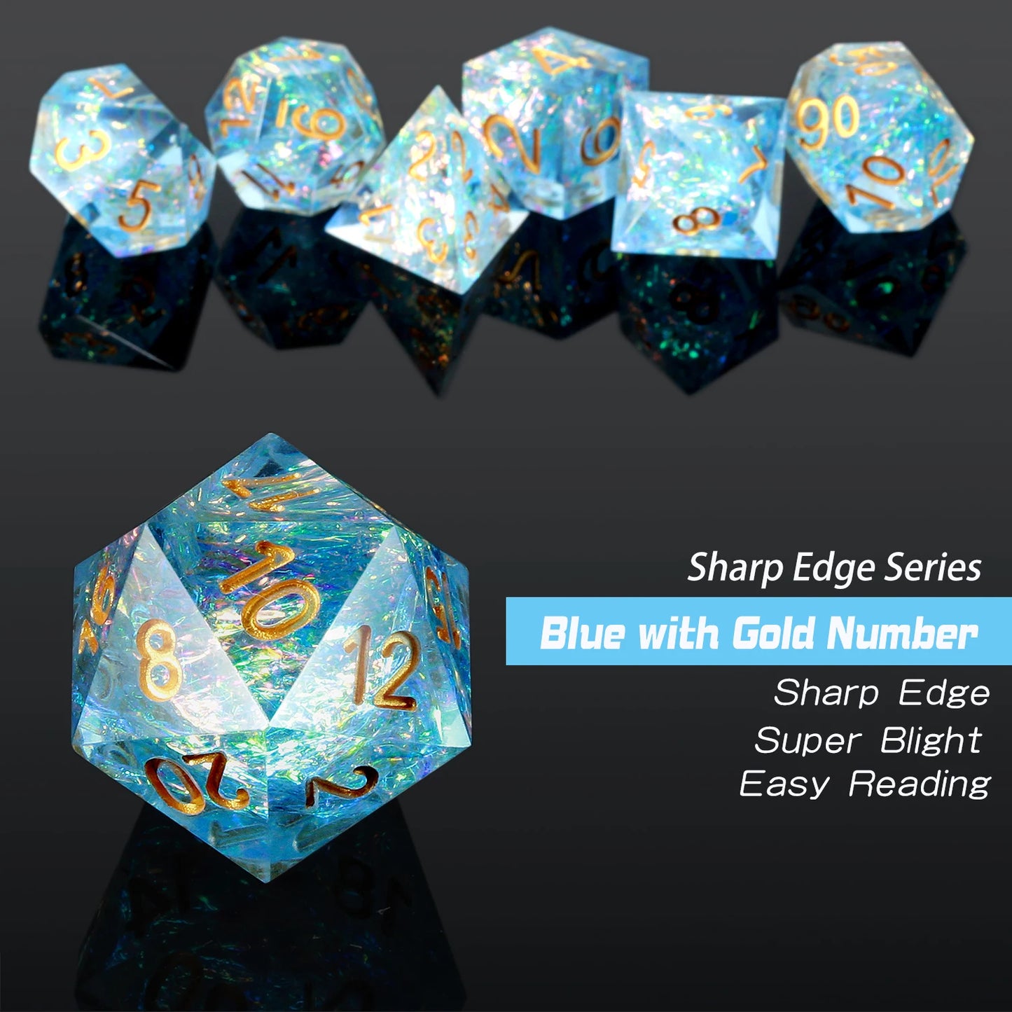 Sharp Edge Dice Set l Blue With Gold Numbers