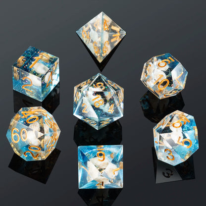 Sharp Edge Dice Set l Transparent and Sea- blue with Conch