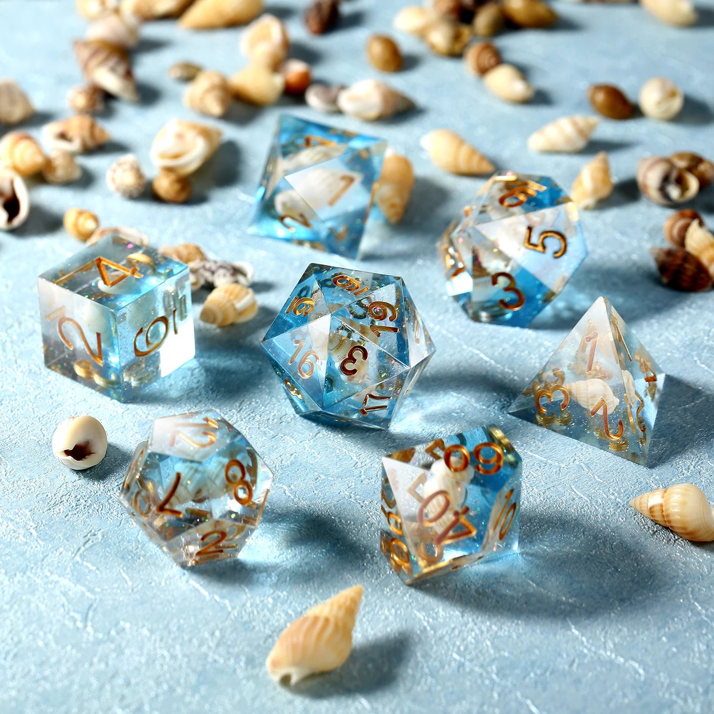 Sharp Edge Dice Set l Transparent and Sea- blue with Conch