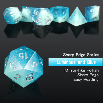 Sharp Edge Dice set - Glow in the Dark Blue