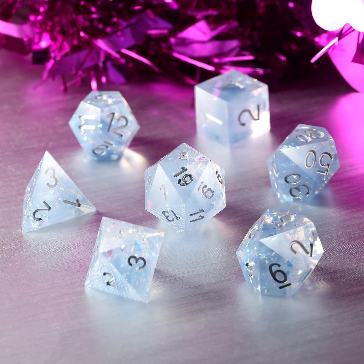 Sharp Edge Dice Set l Translucent Swirl Blue with Silver Number